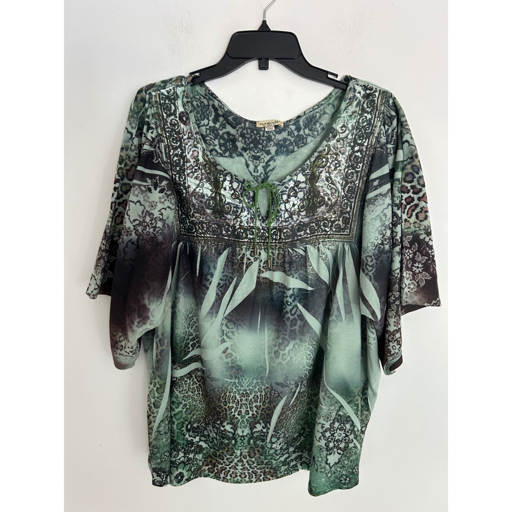 One World Live and Let Liveโ Green Mixed Print Studded Tunic Boho Top 2X Plus
